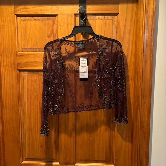 Pisarro Nights Beaded Mesh Gown with Jacket in Eggplant Size 2 NWT - Picture 6 of 10
